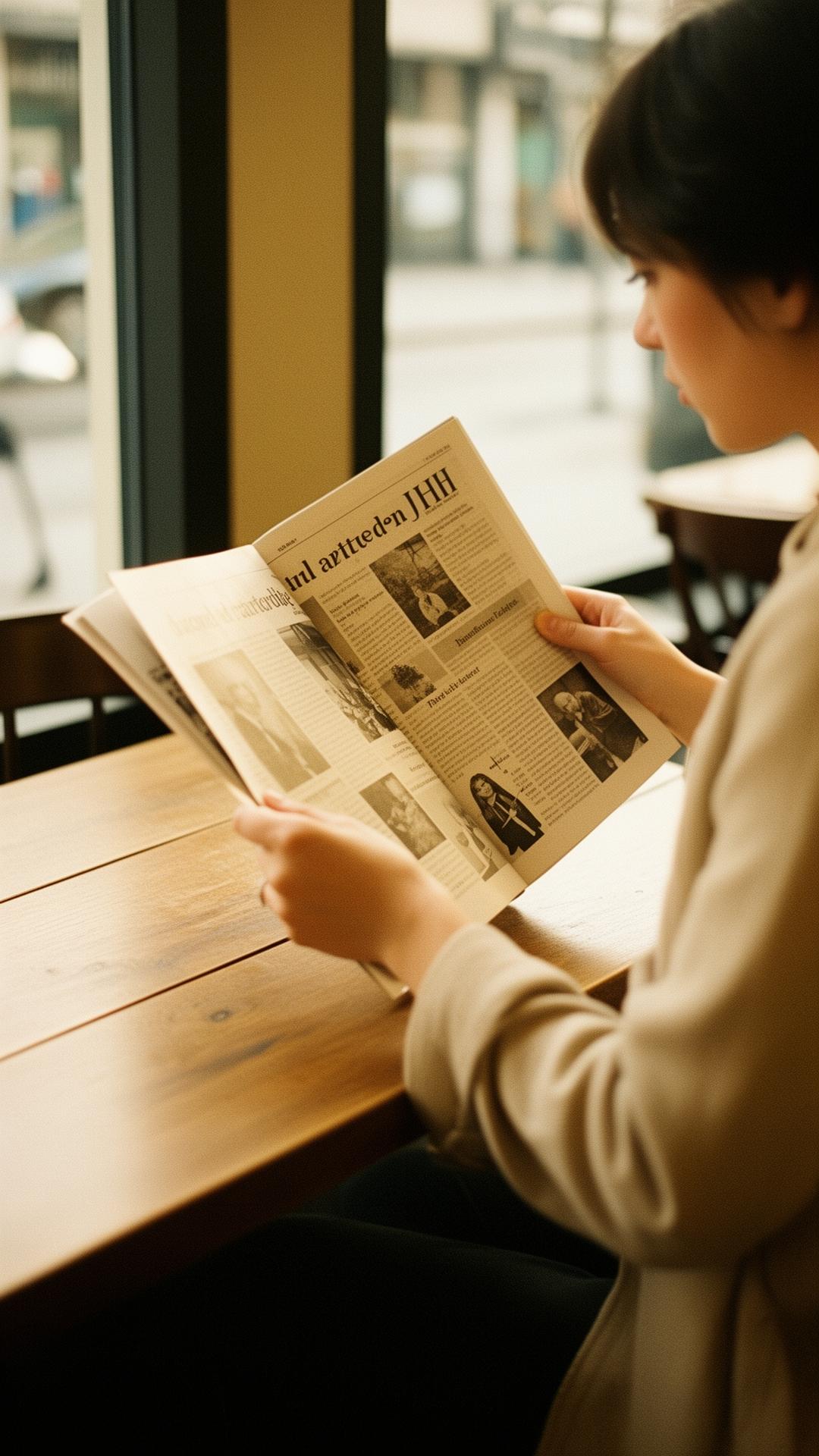 A person reading a printed magazine in soft morning light